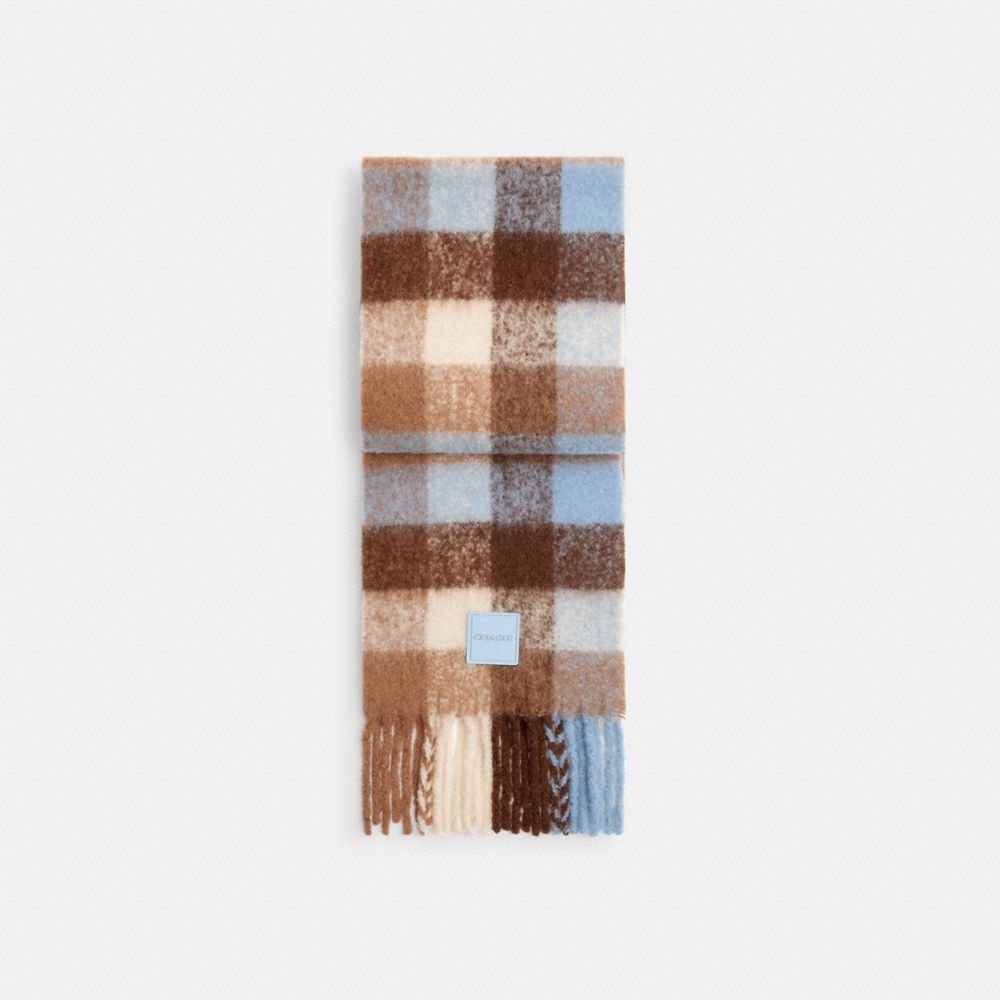 Coach Oversized Plaid Muffler With Rubber Patch Deep Blue Multi