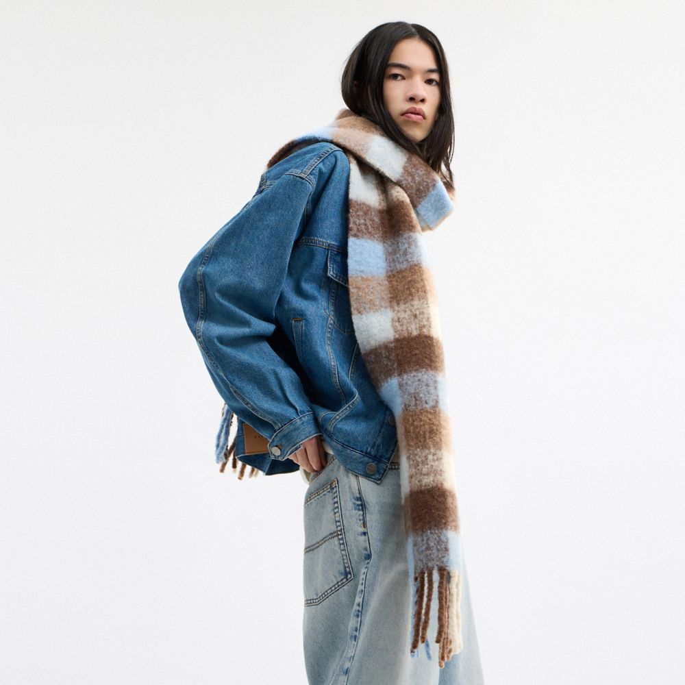 Coach Oversized Plaid Muffler With Rubber Patch Deep Blue Multi
