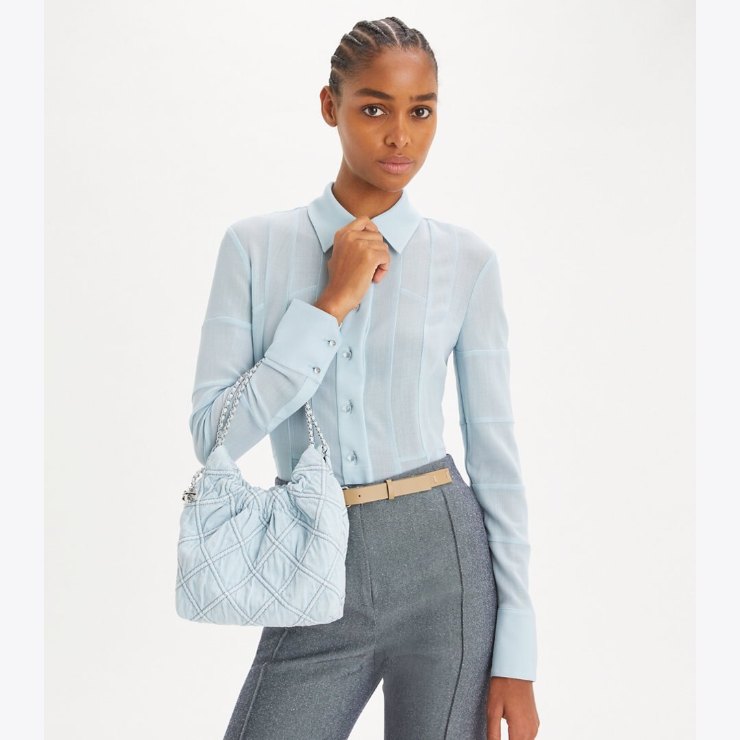 Tory Burch Mini Fleming Soft Denim Hobo Bag Seltzer