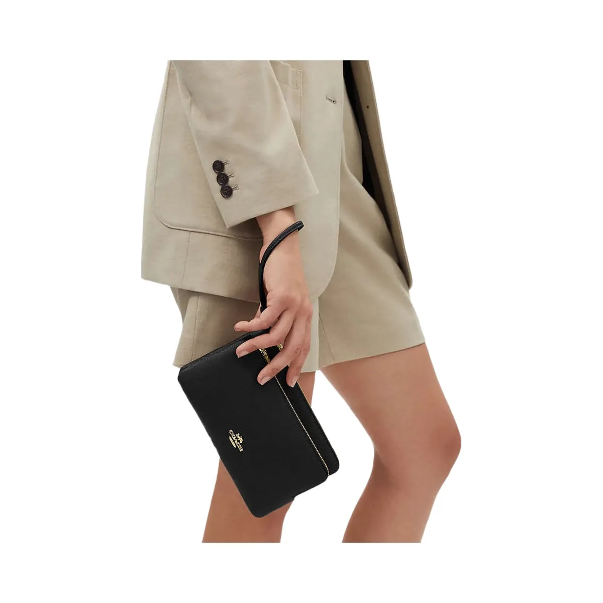Coach Double Zip Wallet Pebbled Leather-Gold-Black