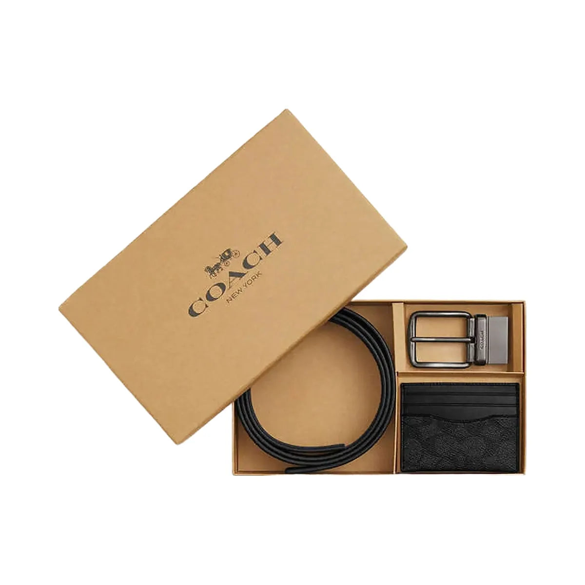 Coach Boxed Card Case And Belt Set In Signature Canvas Signature Canvas-Gunmetal-Charcoal-Black