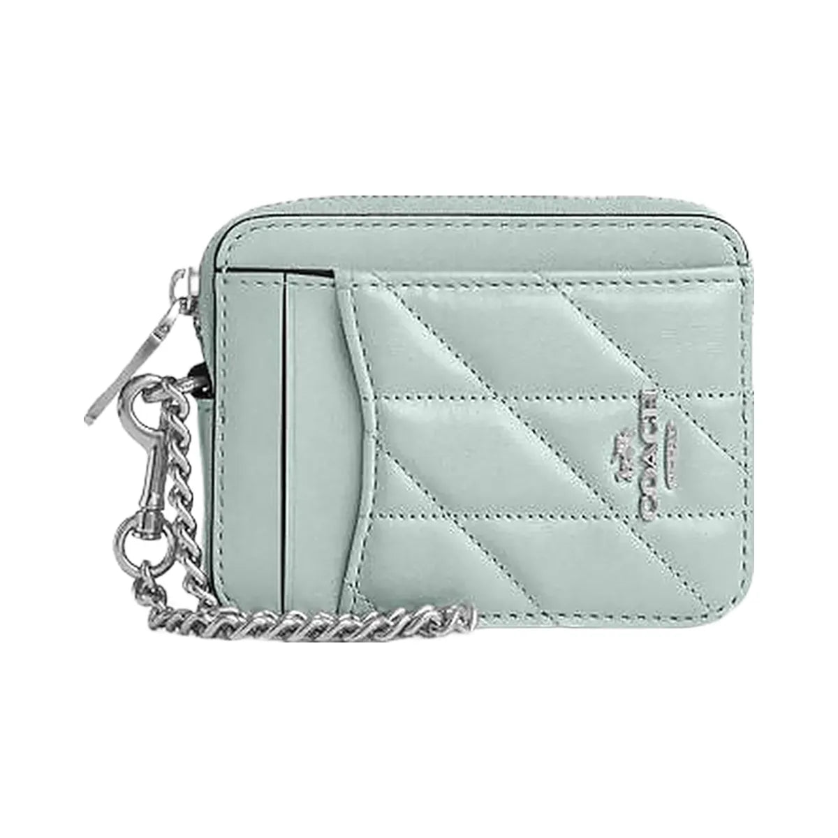 Coach Zip Card Case Pearlized Leather-Silver-Green