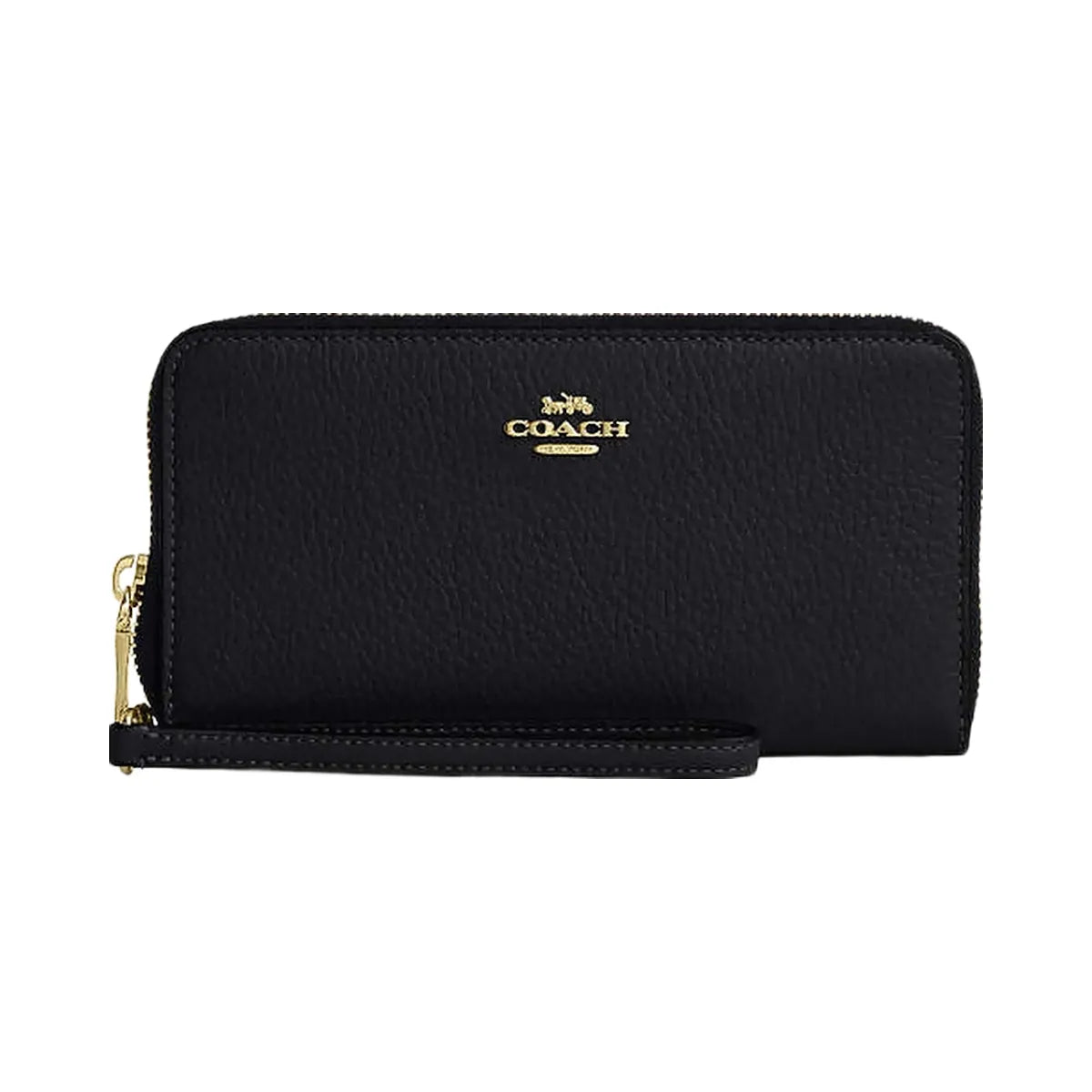 Coach Long Zip Around Wallet With Detachable Card Case Pebbled Leather-Gold-Black