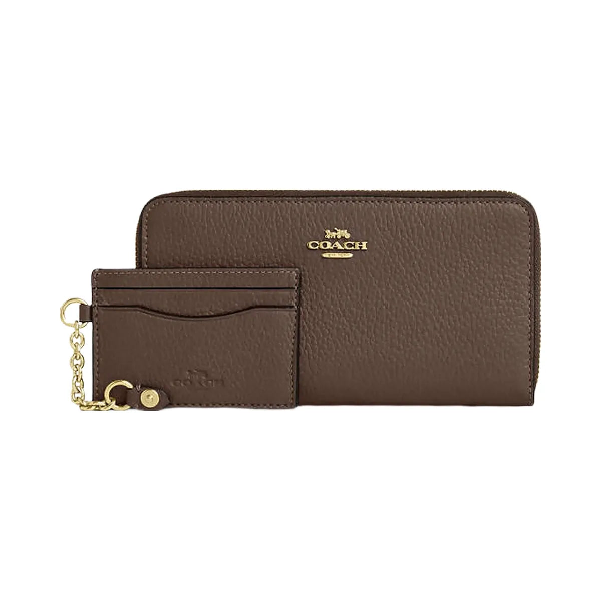 Coach Long Zip Around Wallet With Detachable Card Case Pebbled Leather-Gold-Dark Stone