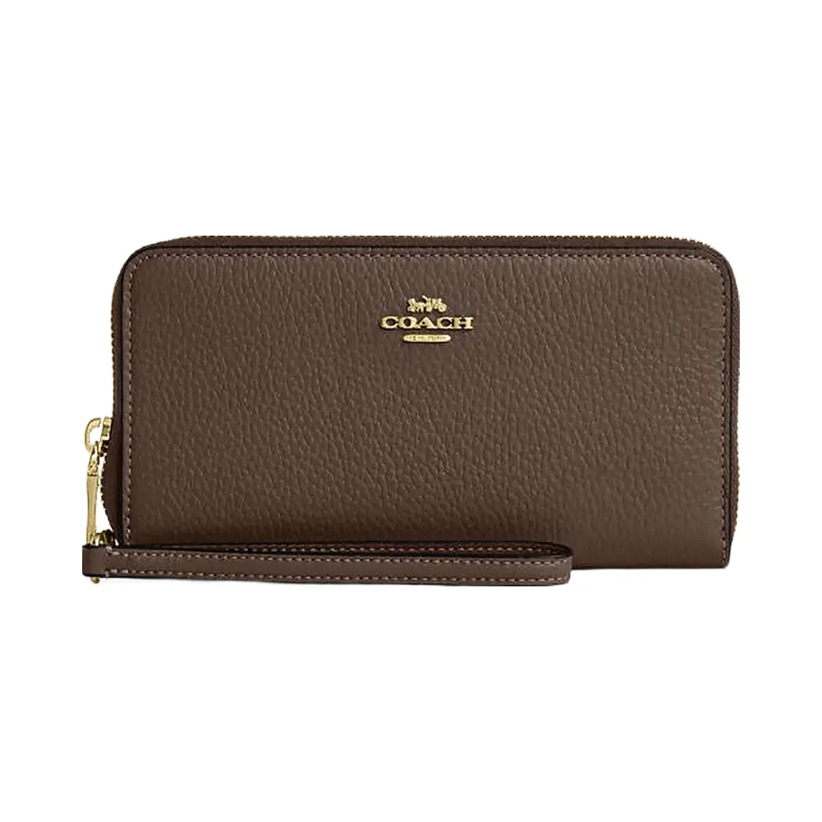 Coach Long Zip Around Wallet With Detachable Card Case Pebbled Leather-Gold-Dark Stone