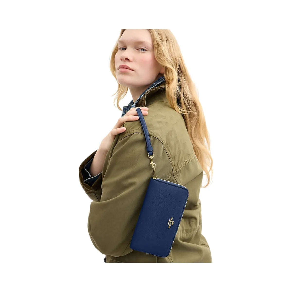 Coach Long Zip Around Wallet Pebbled Leather-Gold-Deep Blue