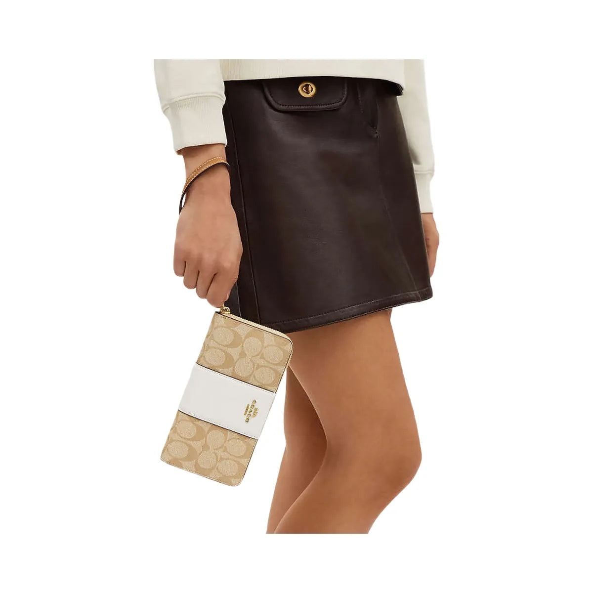 Coach Long Zip Around Wallet In Signature Canvas With Stripe Signature Canvas-Gold-Light Khaki-Chalk Lt Saddle