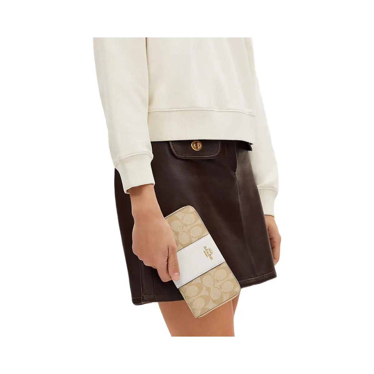 Coach Long Zip Around Wallet In Signature Canvas With Stripe Signature Canvas-Gold-Light Khaki-Chalk Lt Saddle