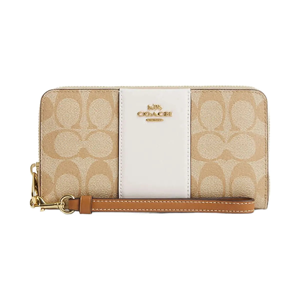 Coach Long Zip Around Wallet In Signature Canvas With Stripe Signature Canvas-Gold-Light Khaki-Chalk Lt Saddle