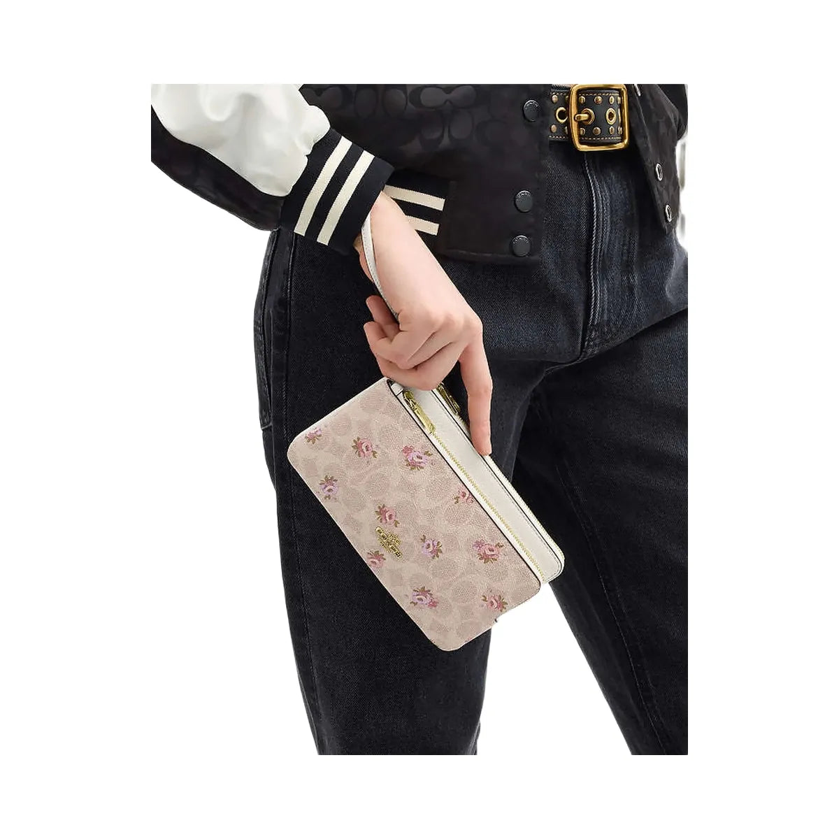 Coach Double Zip Wallet With Signature Canvas With Floral Print Gold-Sand Multi