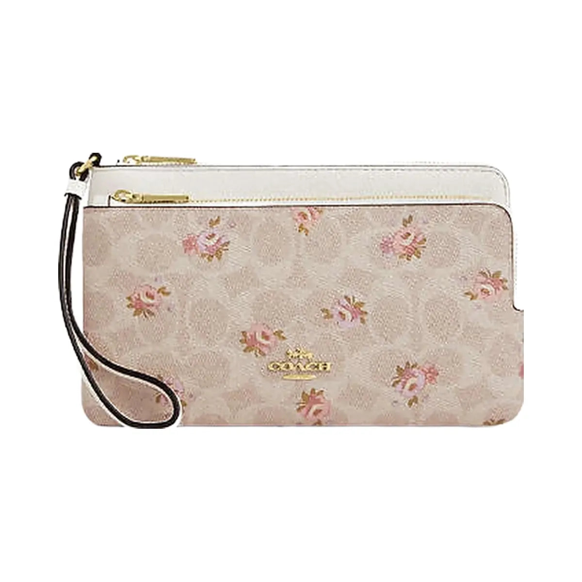 Coach Double Zip Wallet With Signature Canvas With Floral Print Gold-Sand Multi