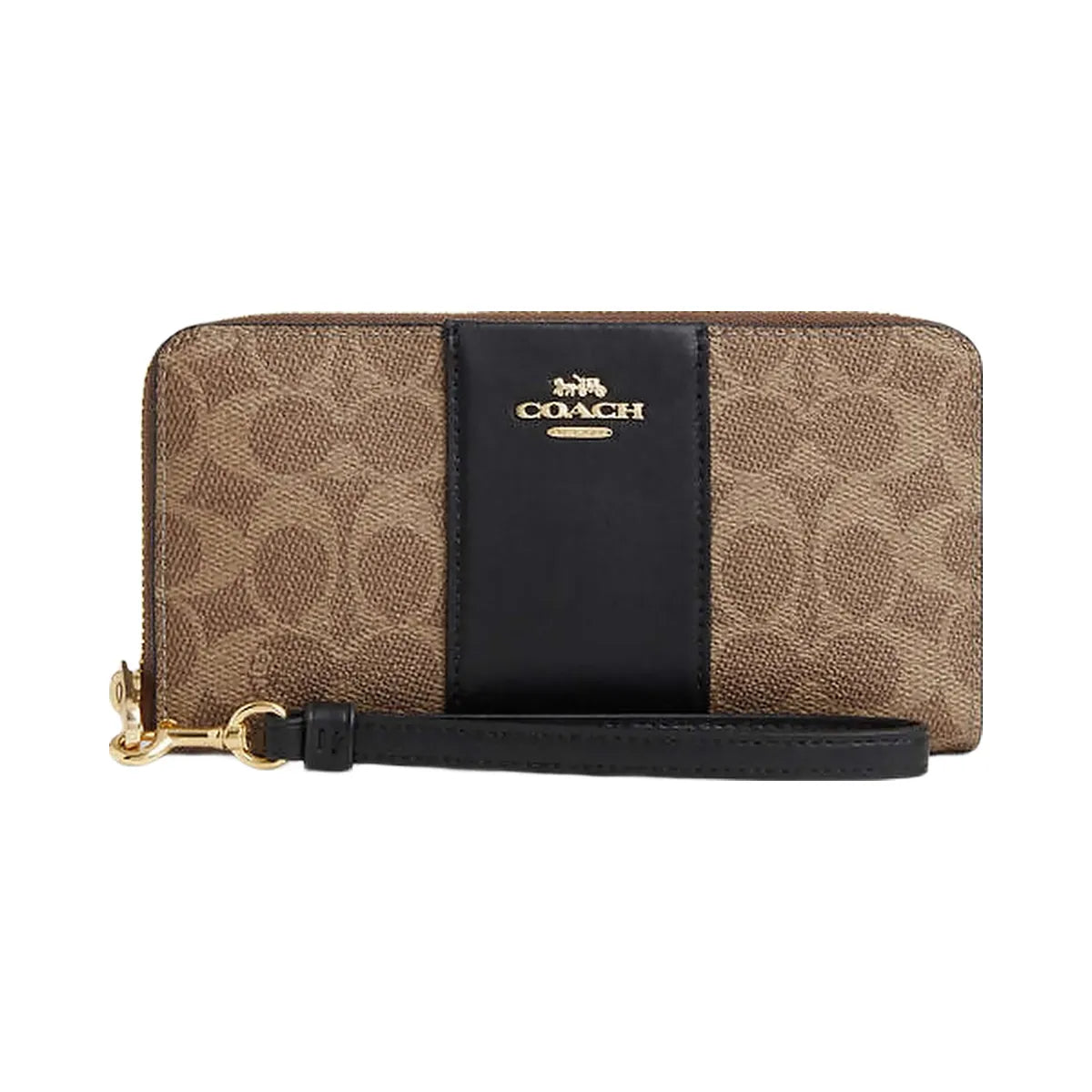 Coach Long Zip Around Wallet In Signature Canvas With Stripe Signature Canvas-Gold-Tan-Black