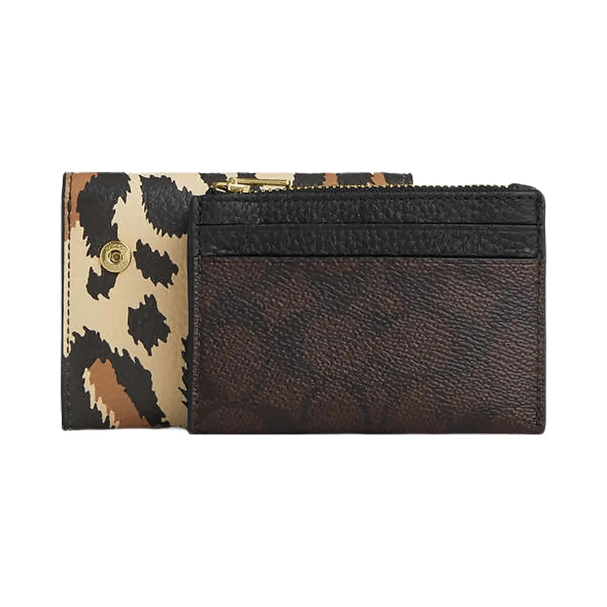 Coach Card Holder Wallet With Leopard Print And Signature Canvas Pebbled Leather-Im-Walnut-Leopard Multi