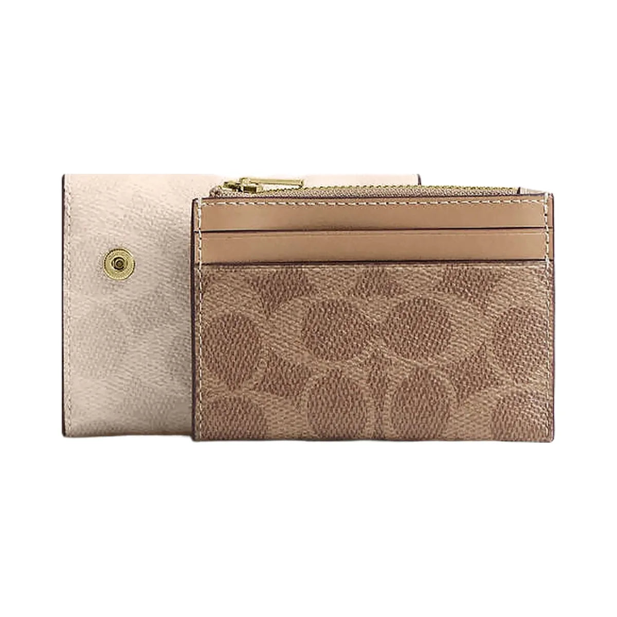 Coach Card Holder Wallet In Blocked Signature Canvas Signature Canvas-Gold-Sand-Tan