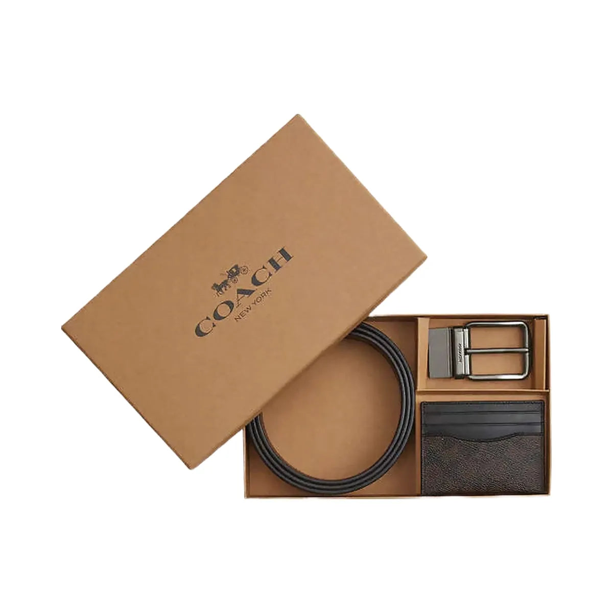 Coach Boxed Card Case And Belt Set In Signature Canvas Signature Canvas-Qb-Walnut-Black