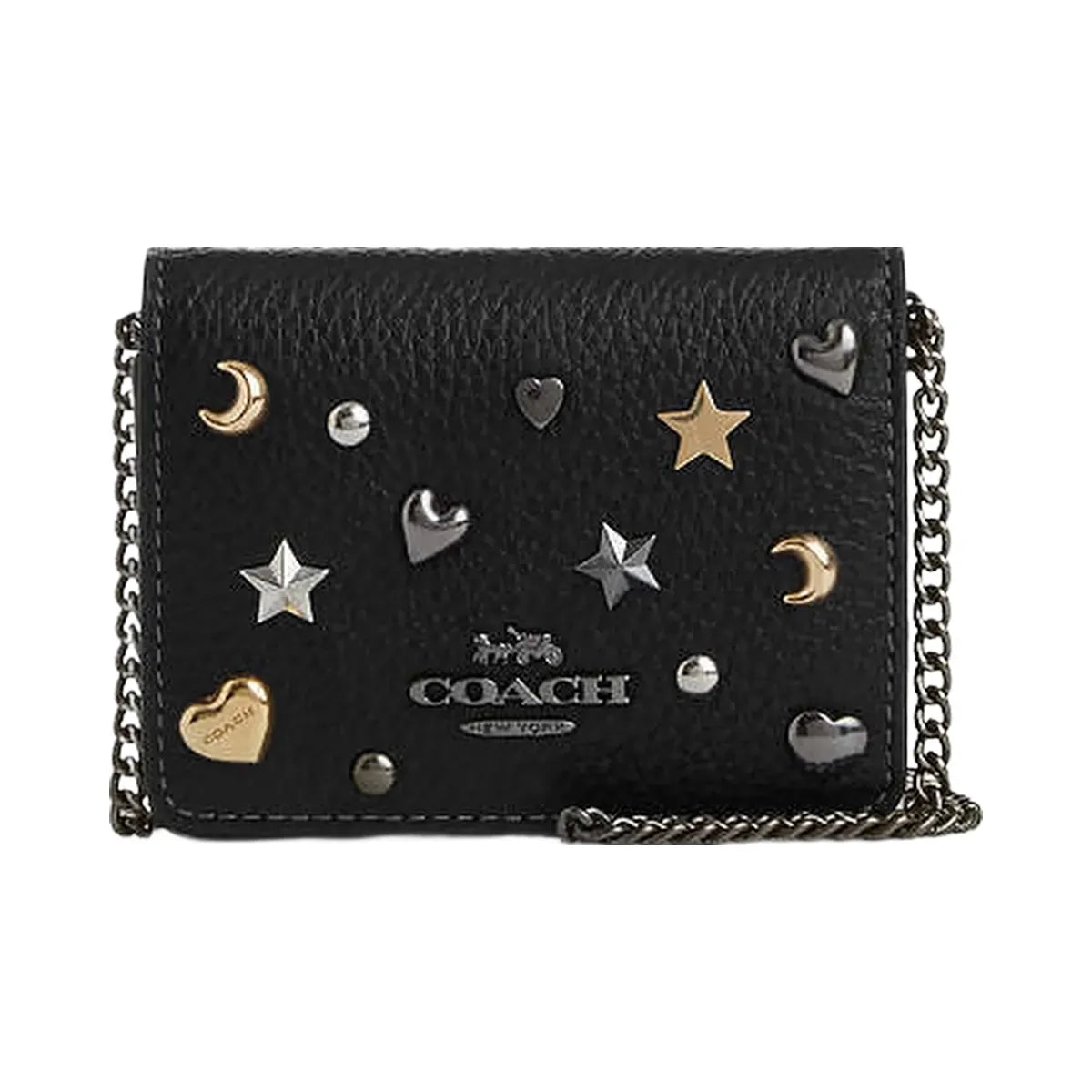 Coach Mini Wallet On A Chain With Rivets Pebbled Leather-Gunmetal-Black Multi