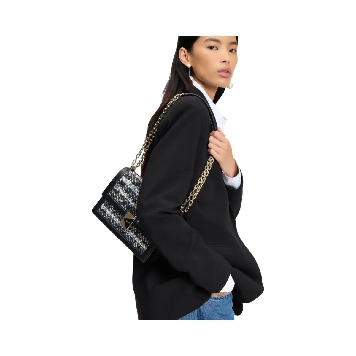 Kate Spade Deco Plaid Tweed Chain Shoulder Bag Black Multi