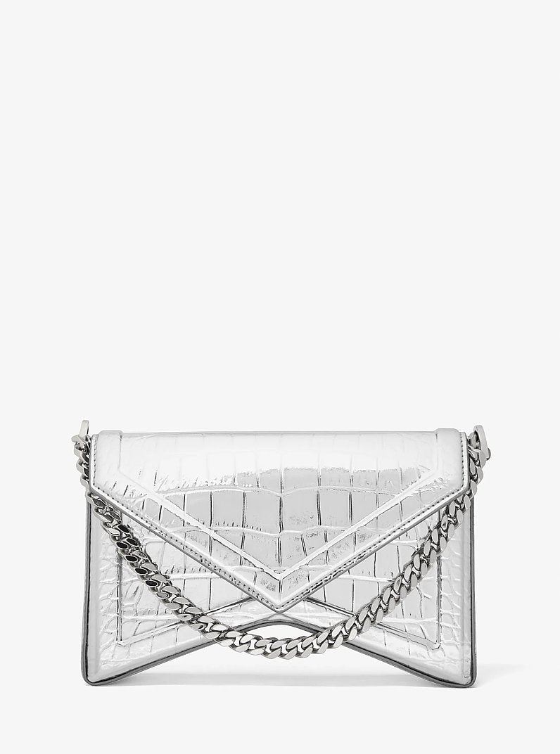 Michael Kors Manhatta Medium Metallic Crocodile Embossed Leather Bag Silver