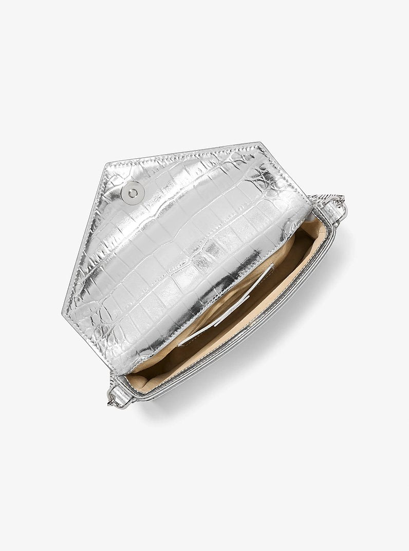 Michael Kors Manhatta Medium Metallic Crocodile Embossed Leather Bag Silver