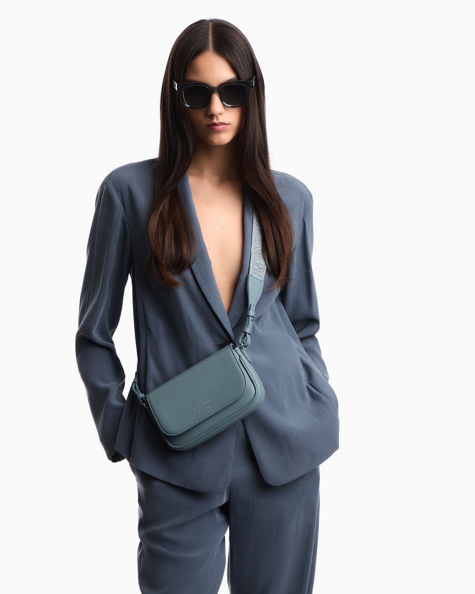 Emporio Armani Wallet on chain with pebbled texture and adjustable strap