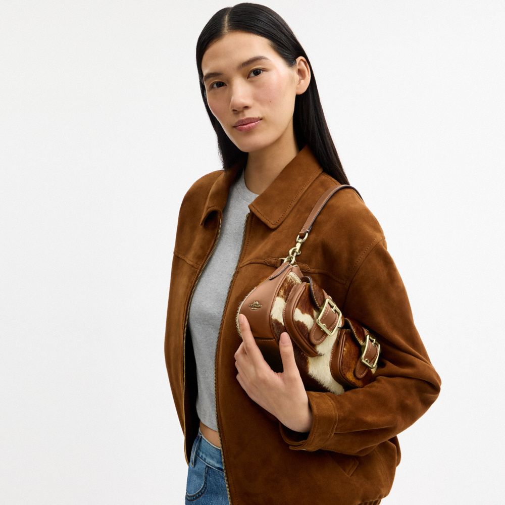 Coach Ashton Shoulder Bag In Haircalf With Cow Print Gold Cow Multi