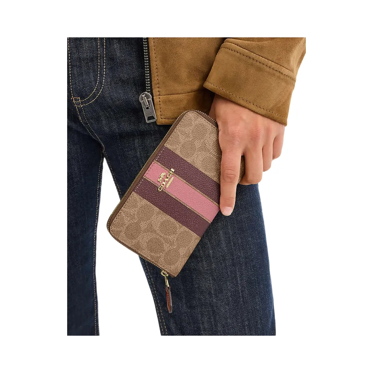 Coach Medium Id Zip Wallet In Signature Canvas With Varsity Stripe Gold-Tan Multi