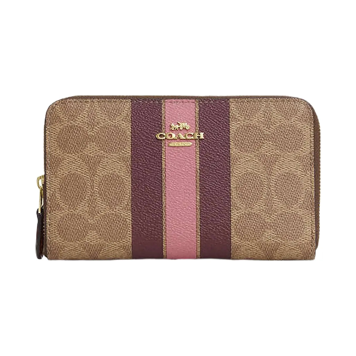 Coach Medium Id Zip Wallet In Signature Canvas With Varsity Stripe Gold-Tan Multi