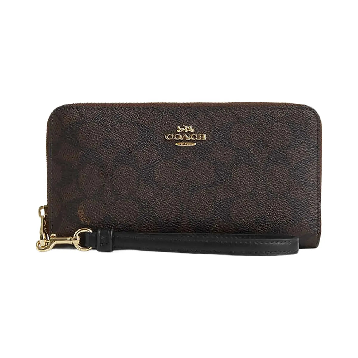 Coach Long Zip Around Wallet In Signature Canvas Signature Canvas-Gold-Walnut-Black