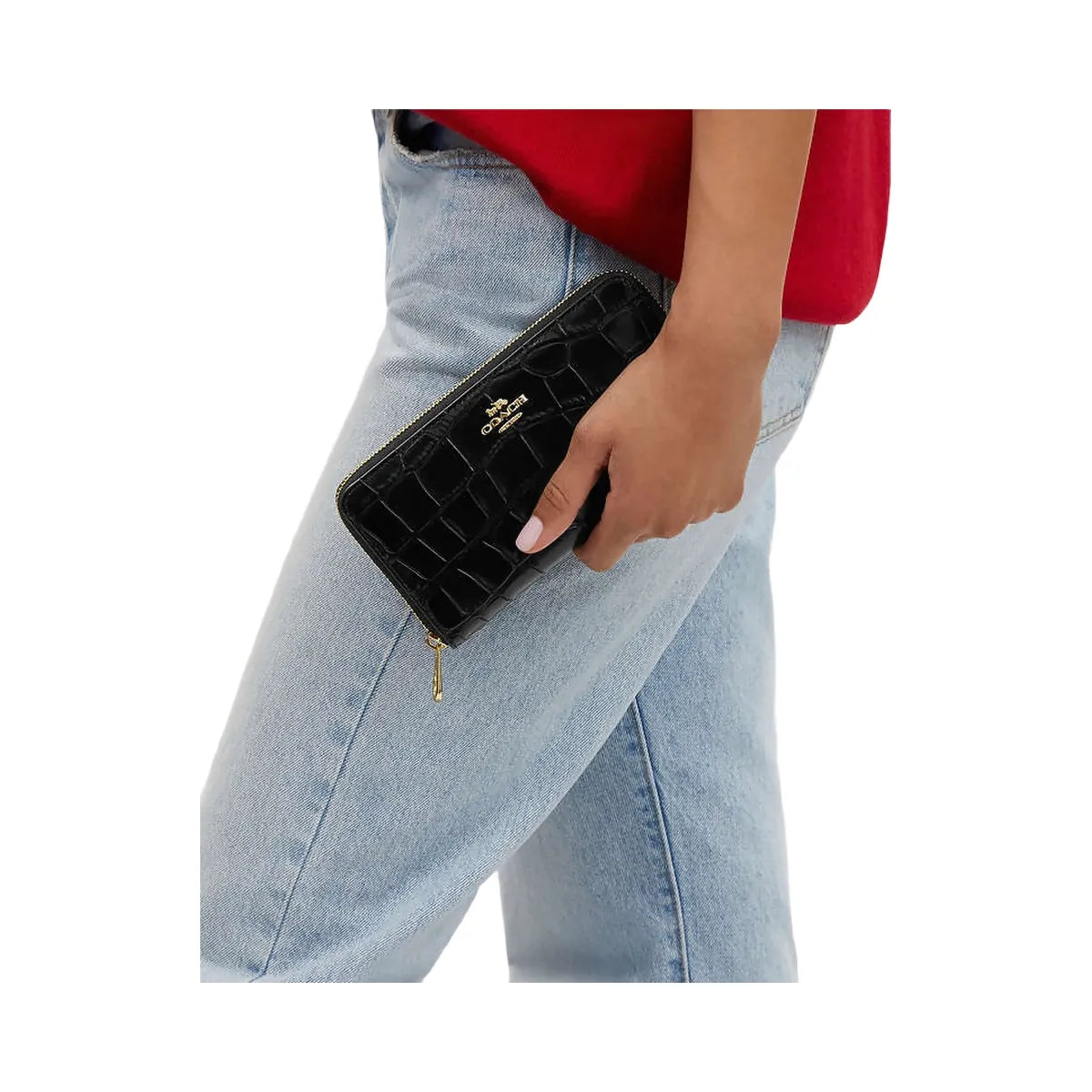 Coach Long Zip Around Wallet Embossed Crocodile-Gold-Black