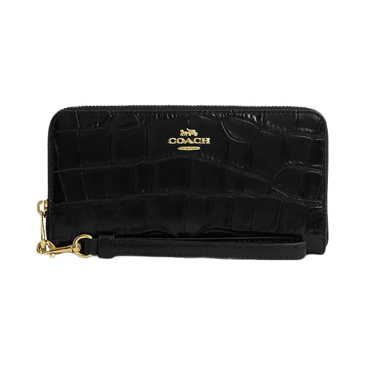 Coach Long Zip Around Wallet Embossed Crocodile-Gold-Black
