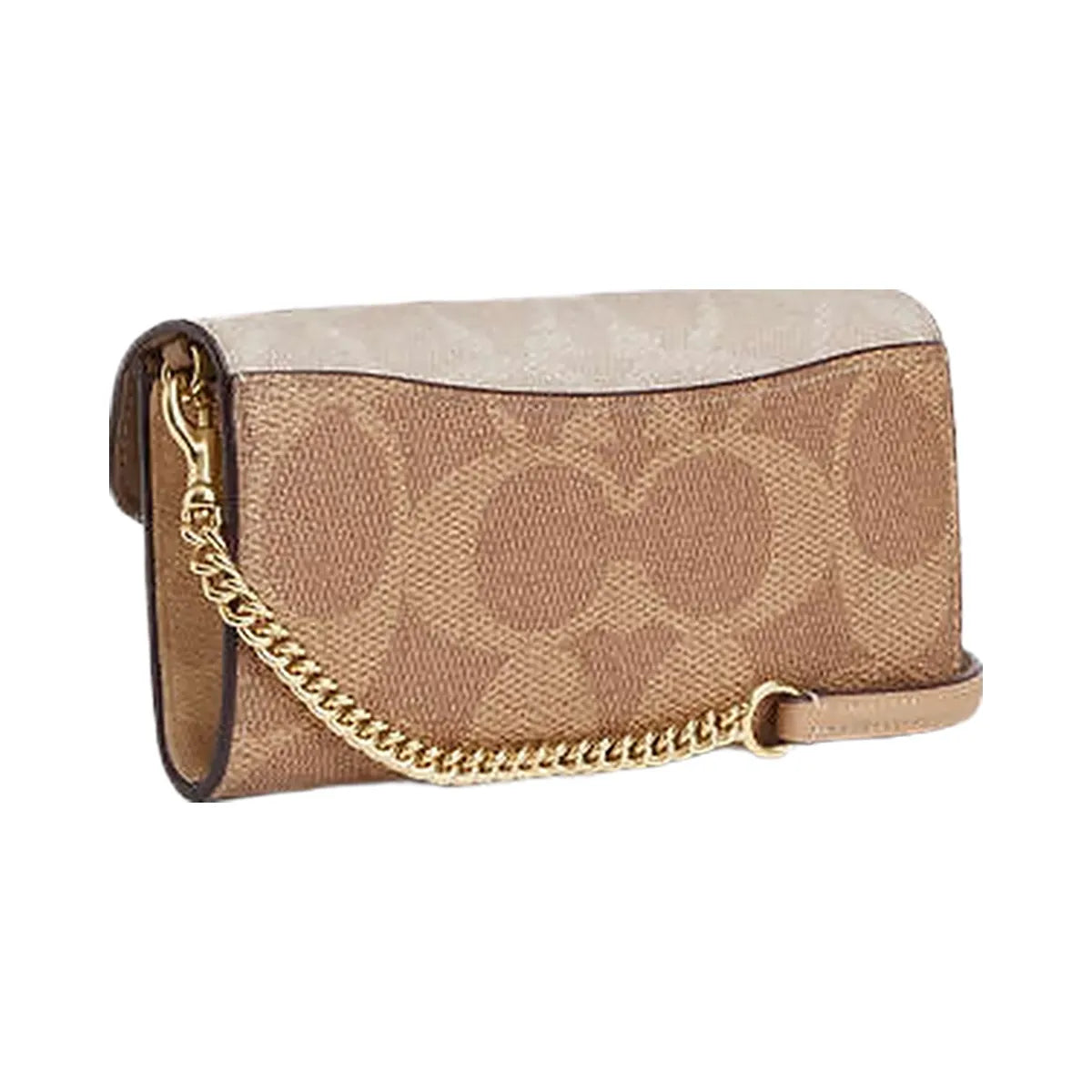 Coach Klare Wallet With Chain In Blocked Signature Canvas Gold-Sand-Tan