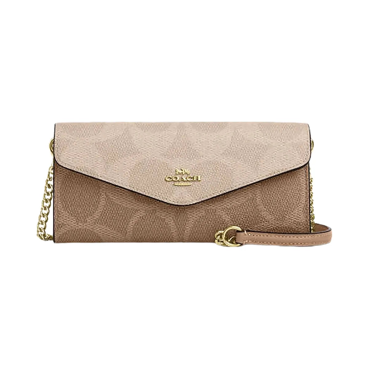 Coach Klare Wallet With Chain In Blocked Signature Canvas Gold-Sand-Tan