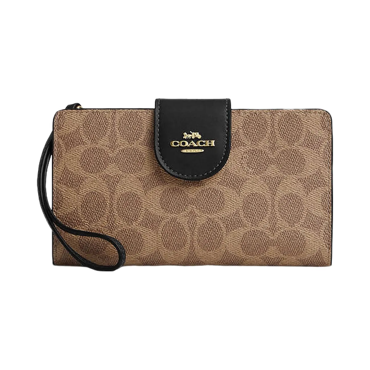 Coach Phone Wallet In Signature Canvas Signature Canvas-Gold-Tan-Black
