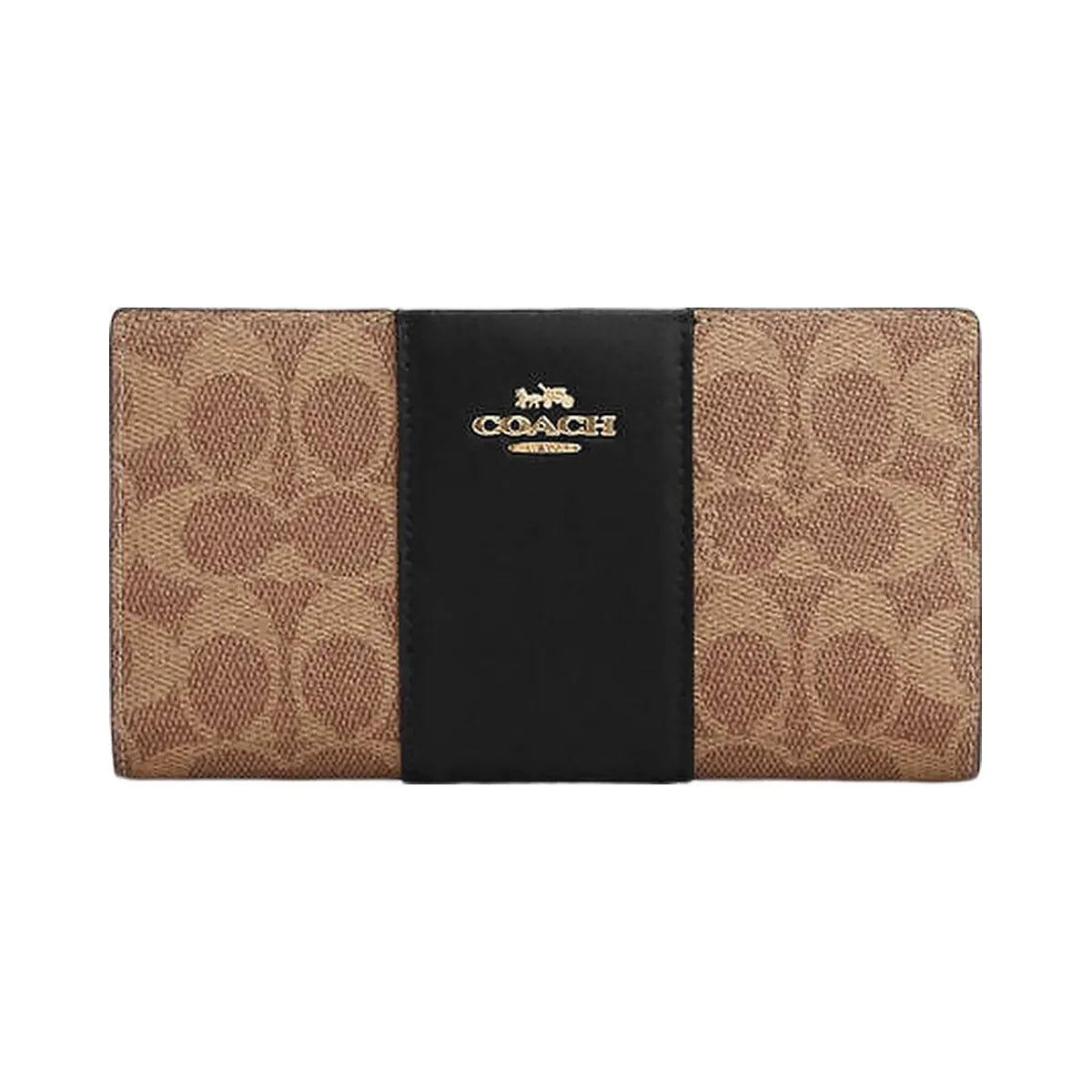 Coach Slim Zip Wallet In Signature Canvas With Stripe Signature Canvas-Gold-Tan-Black