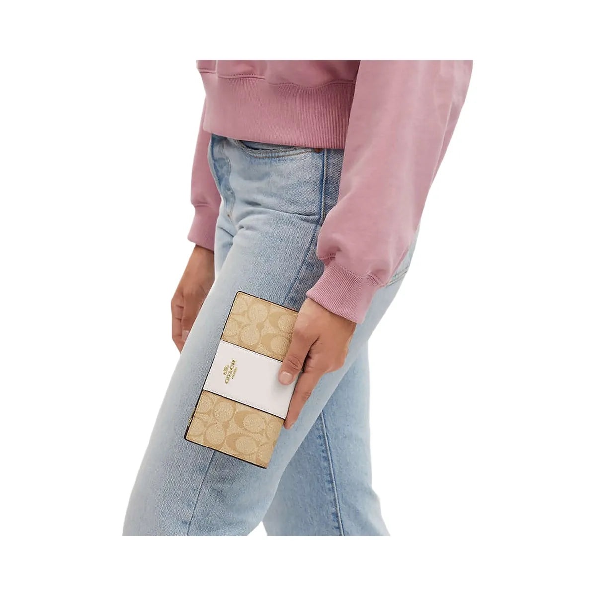 Coach Slim Zip Wallet In Signature Canvas With Stripe Signature Canvas-Gold-Light Khaki-Chalk Lt Saddle