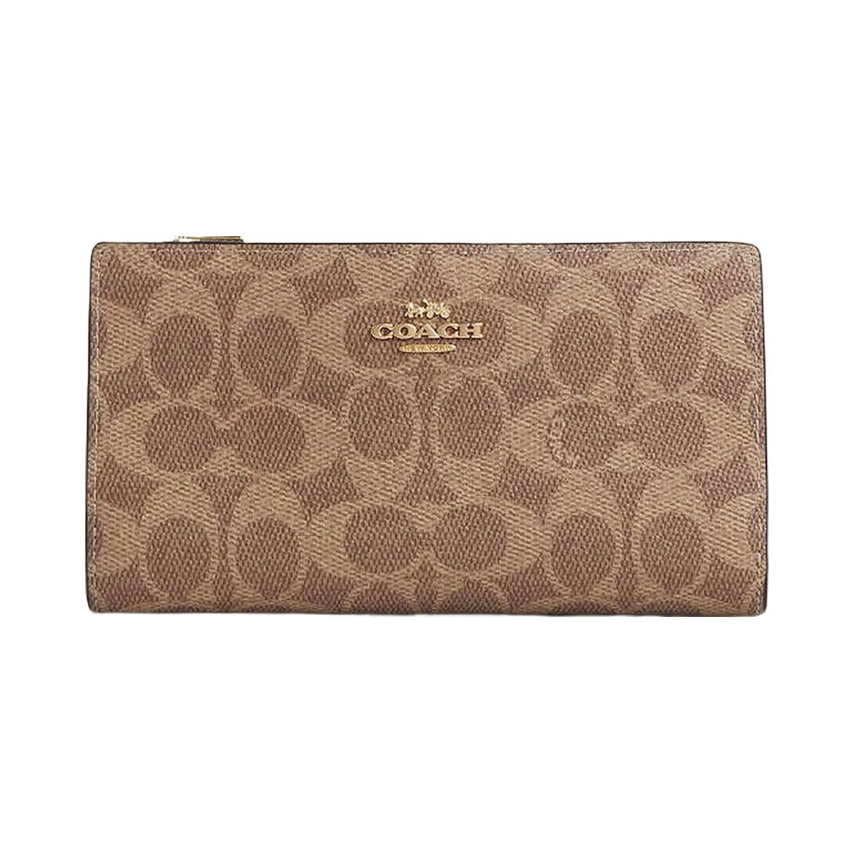 Coach Slim Zip Wallet In Signature Canvas Signature Canvas-Gold-Tan-Brown