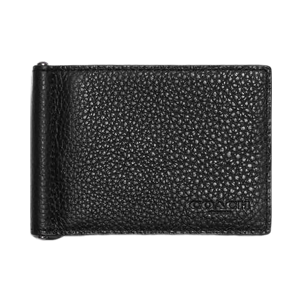 Coach Slim Money Clip Billfold Wallet Pebbled Leather-Gunmetal-Black