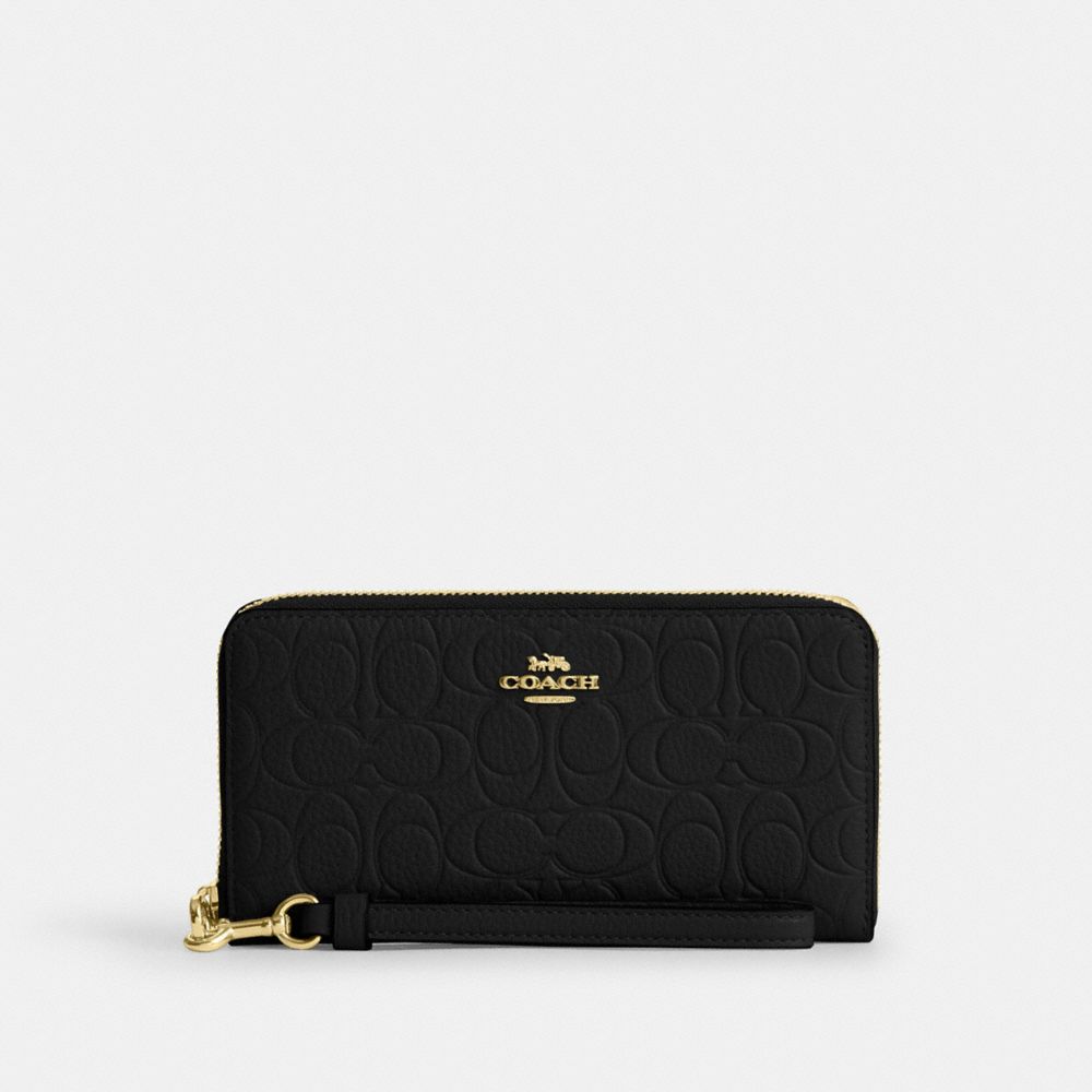 Coach Long Zip Around Wallet In Signature Leather Gold Black