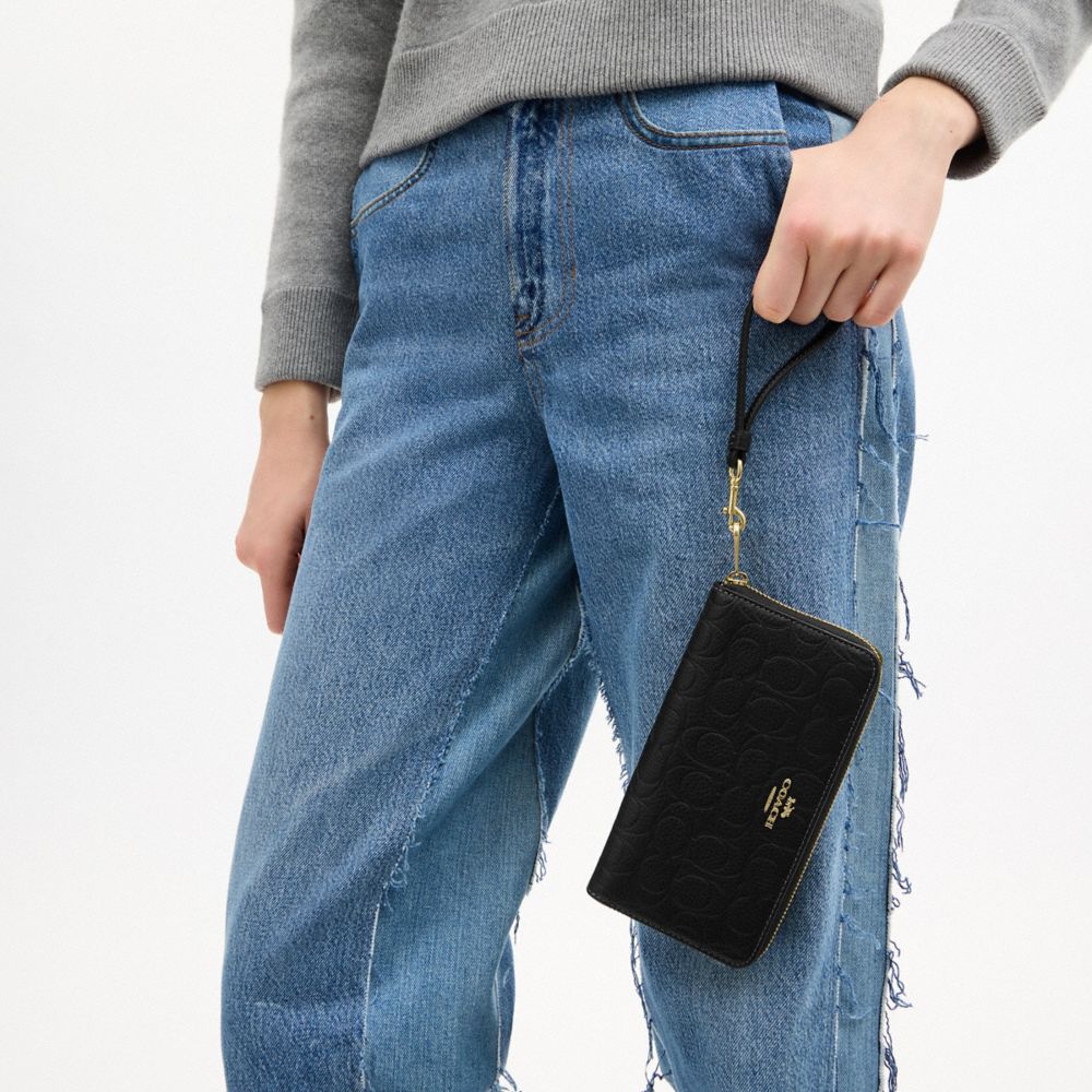 Coach Long Zip Around Wallet In Signature Leather Gold Black