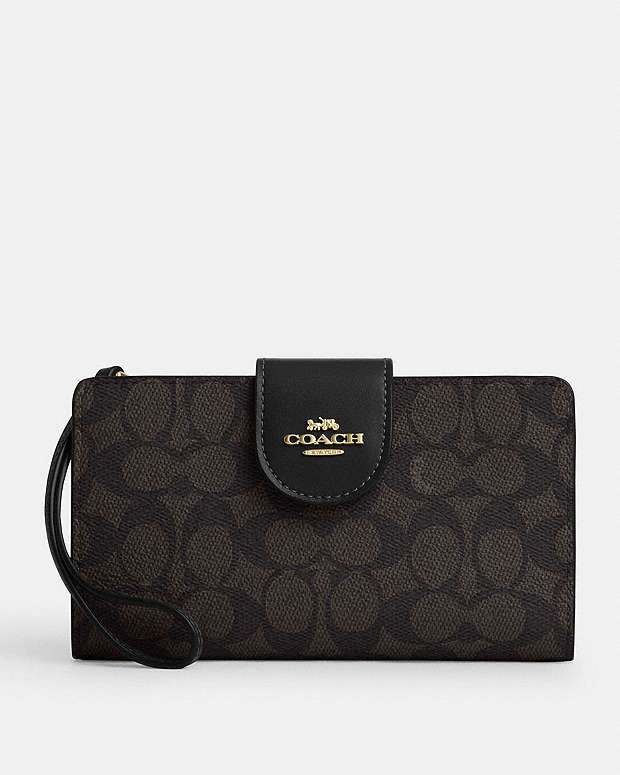 Coach Phone Wallet In Signature Canvas Signature Canvas-Gold-Walnut-Black