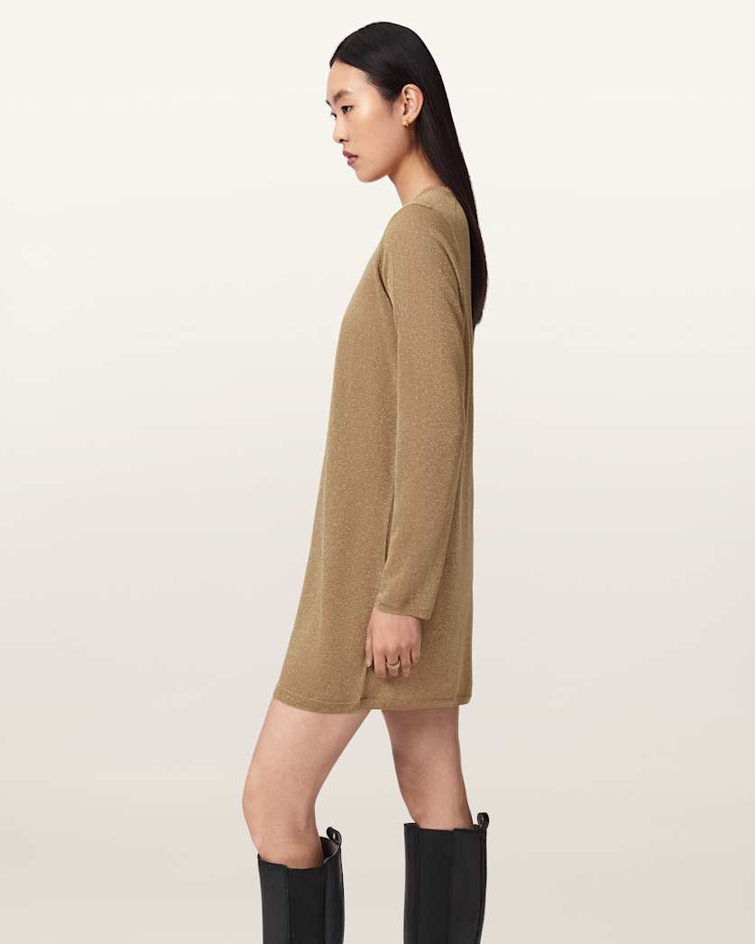 AllSaints Tillii Metallic Long Sleeve Mini Dress Women's Gold Women's