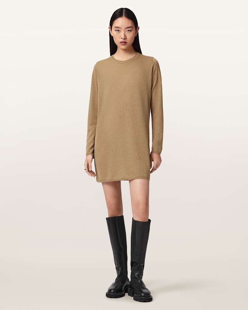 AllSaints Tillii Metallic Long Sleeve Mini Dress Women's Gold Women's