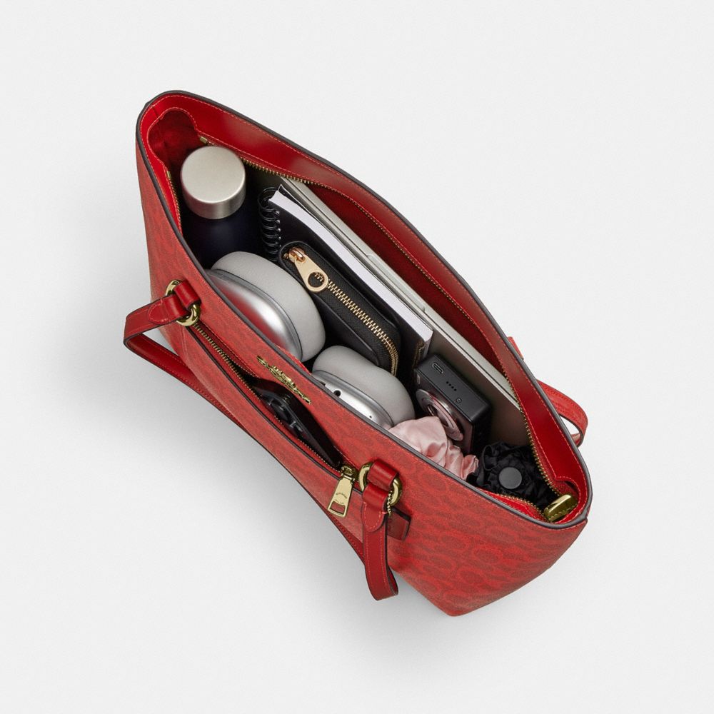 Coach Station Tote Bag In Signature Canvas Gold Crimson