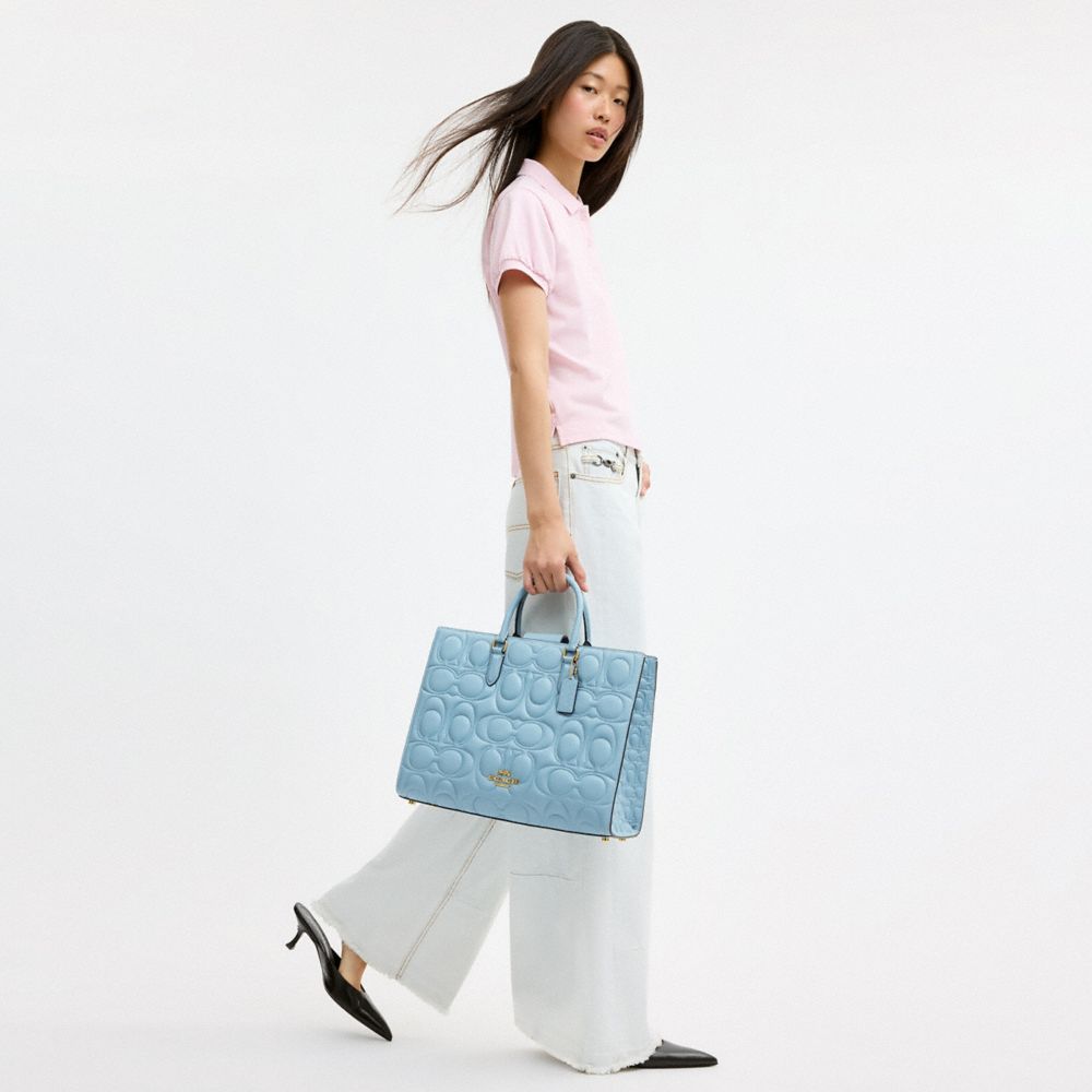 Coach Maggie Tote Bag In Signature Leather Gold Azure