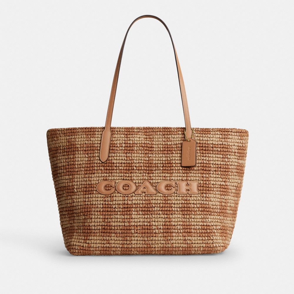 Coach City Tote Bag With Gingham Print Gold Tan