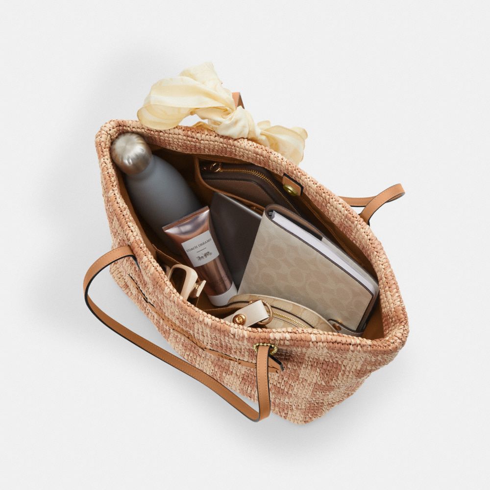 Coach City Tote Bag With Gingham Print Gold Tan