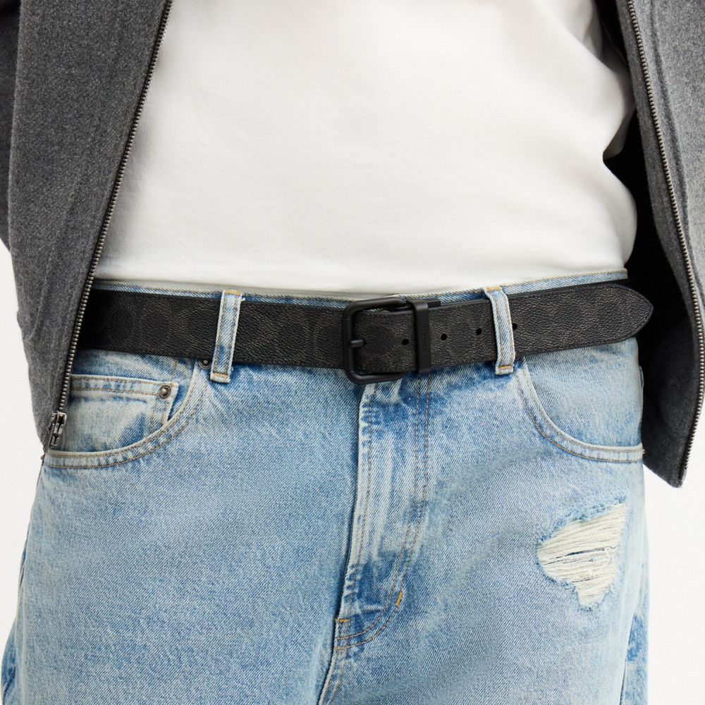 Coach Boxed Roller Buckle Cut To Size Reversible Belt, 38 Mm Matte Black Black Signature