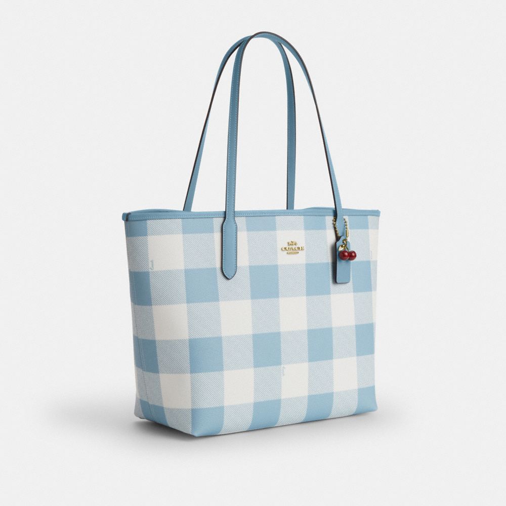 Coach City Tote Bag With Gingham Print And Charm Gold Blue Multi