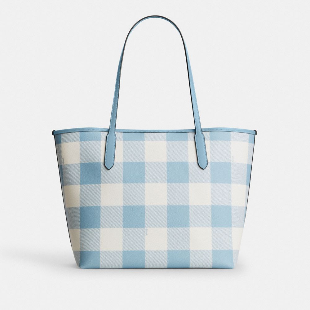 Coach City Tote Bag With Gingham Print And Charm Gold Blue Multi