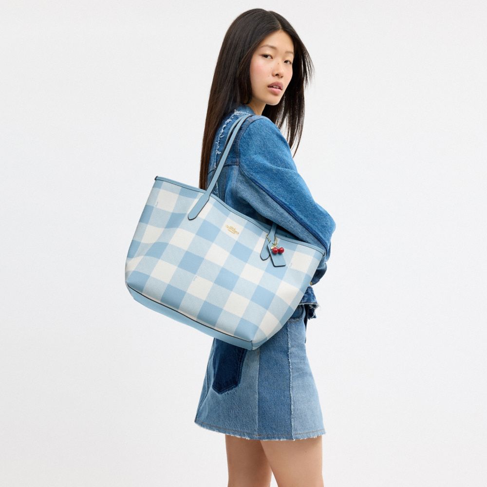 Coach City Tote Bag With Gingham Print And Charm Gold Blue Multi